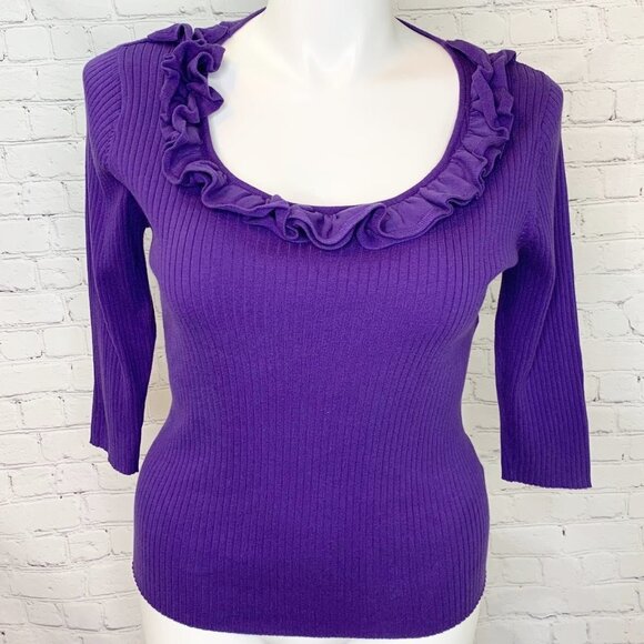 PURPLE RUFFLE FRONT RIBBED AUGUST SILK SWEATER - LARGE - Picture 1 of 4